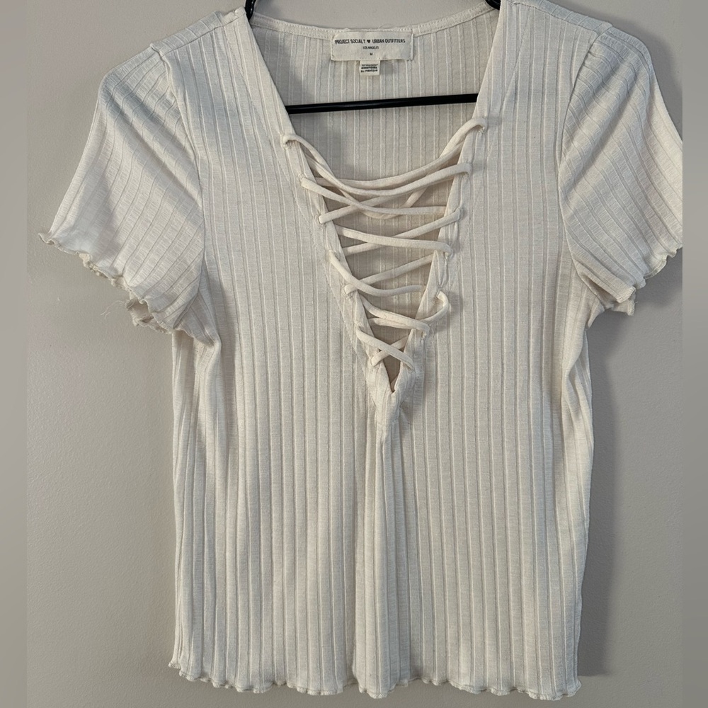 Project Social T Cream Ribbed tshirt with lace up front